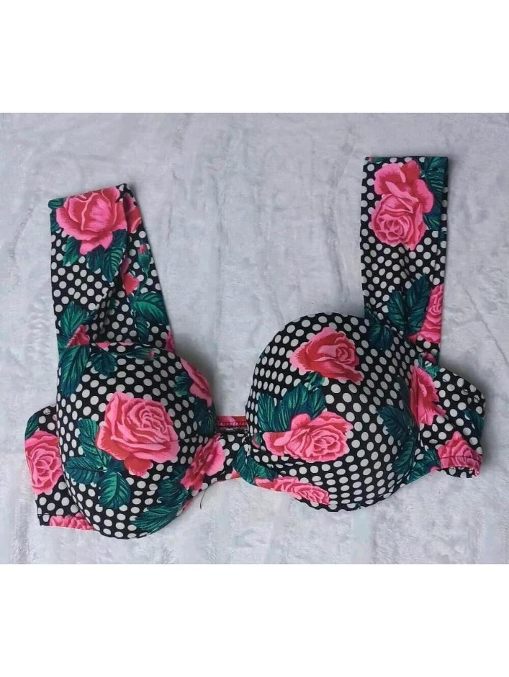 Vintage Swim Shaper Bikini Top Womens Size 12 Black Pokadots Pink Roses Union...